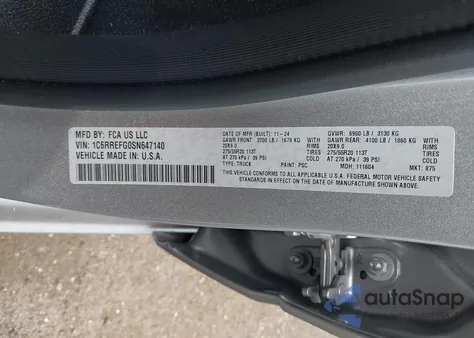 2025 Ram 1500 Big Horn 4X2 5'7 Box из США, поврежденный, VIN 1C6RREFG0SN647140